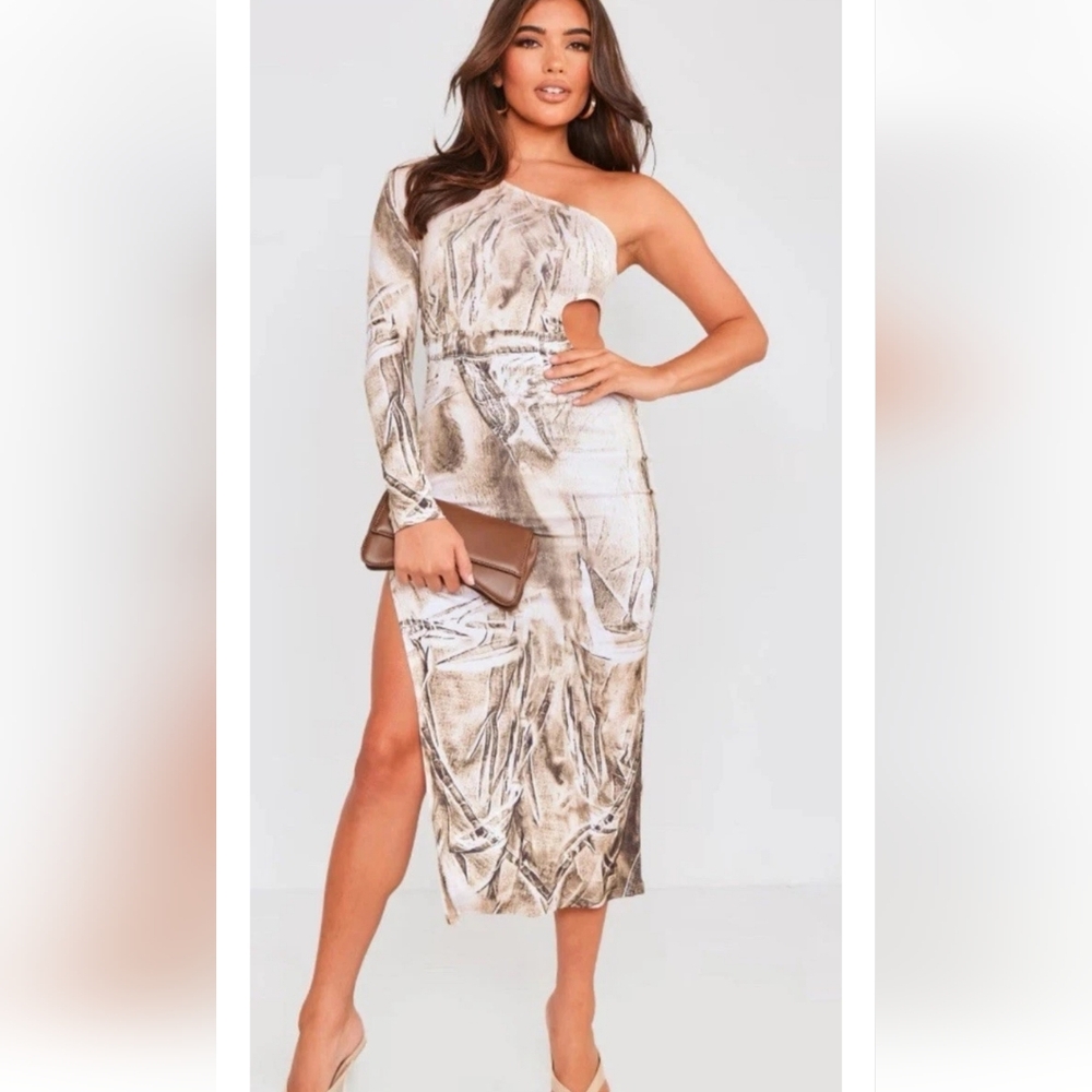 NWT PrettyLittleThing One-Shoulder Beige Patterned Dress ~ US 12